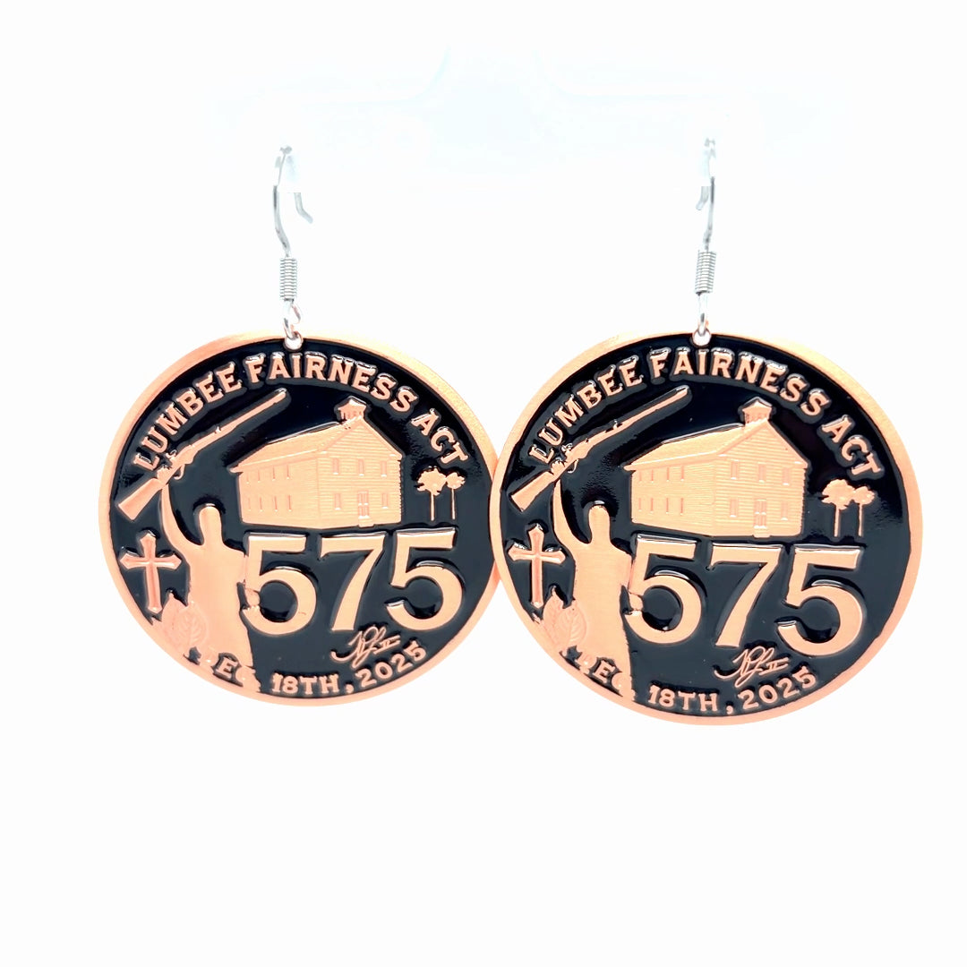 Copper Lumbee Fairness Act earrings by TPL II featuring black finishes and intricate earring design with copper accents.