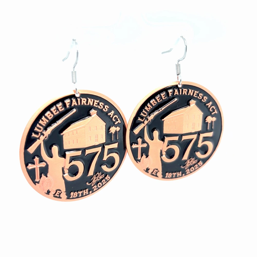 Copper 575 Lumbee Fairness Act earrings by TPL II featuring black earrings with intricate design details on a white background.