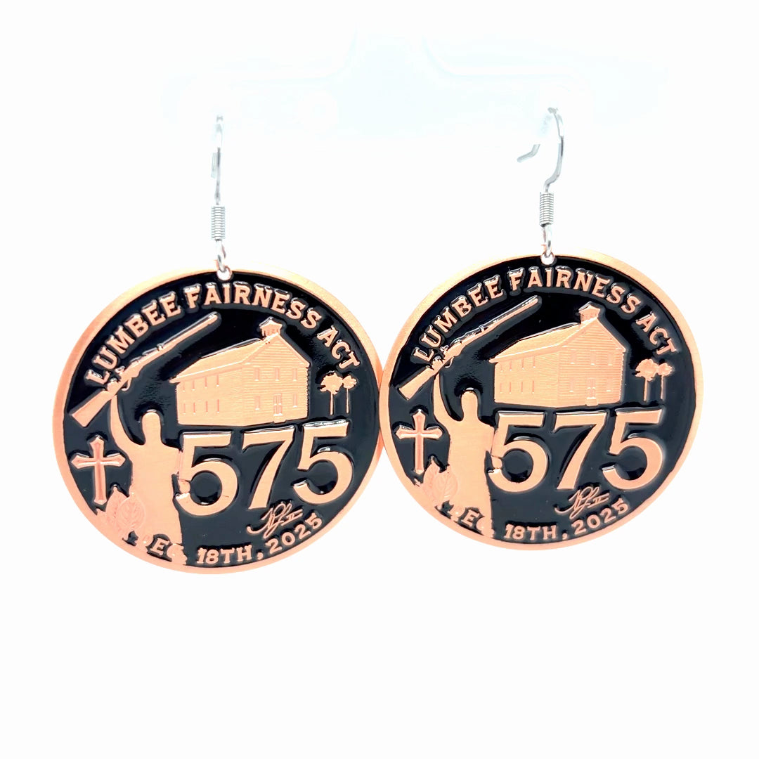 Copper Lumbee Fairness Act earrings by TPL II featuring black finish and intricate design, shown in close-up image.