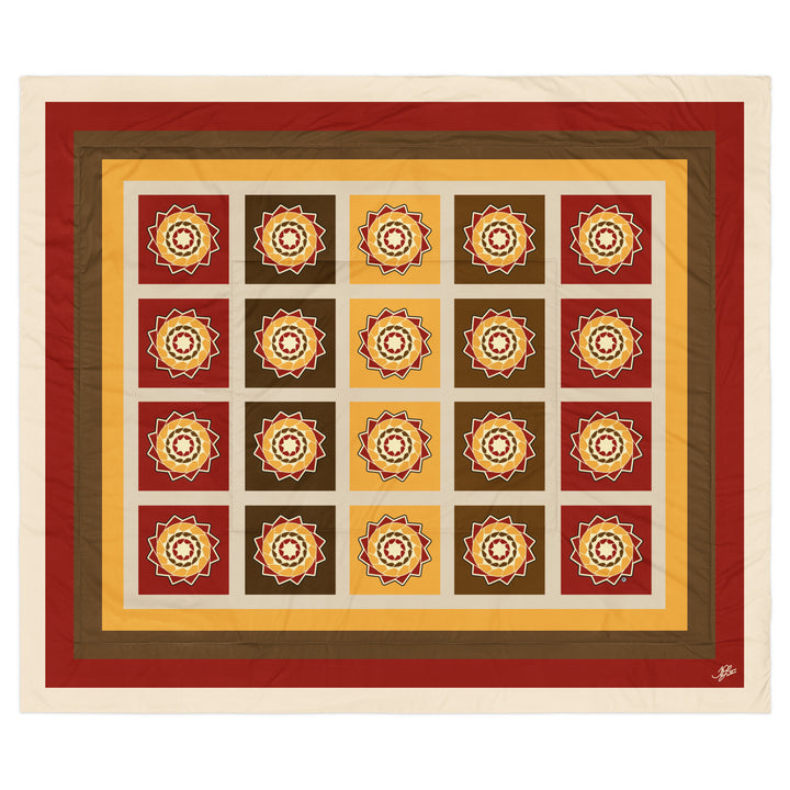 Printfull king-size comforter with pinecone patchwork fall colors print, featuring a cozy, decorative design on a white background.