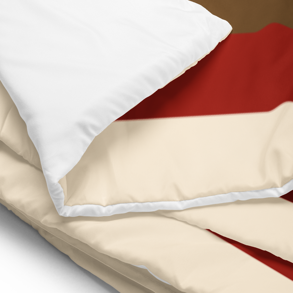 Printfull pinecone patchwork king comforter with fall colors, featuring a cozy printed design on a white background.
