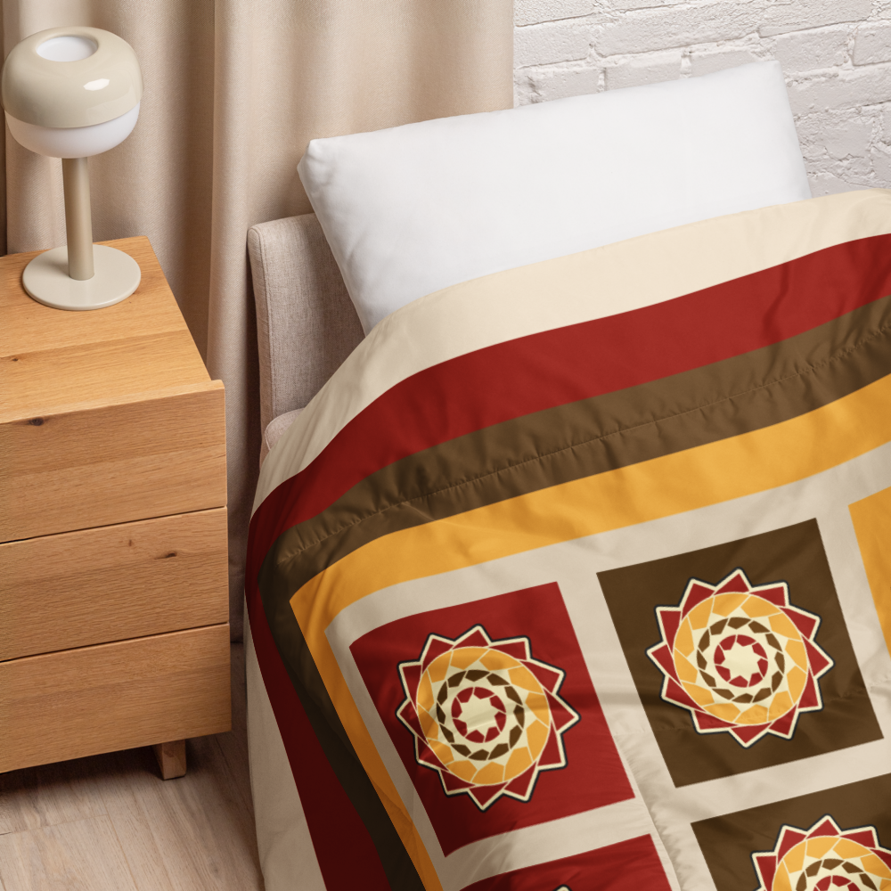 Printfull pinecone patchwork fall colors king comforter with white background, showcasing a cozy, decorative bedding print.