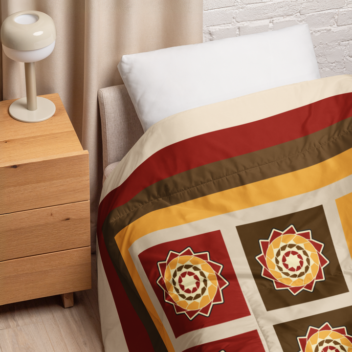 Printfull pinecone patchwork fall colors king comforter with white background, showcasing a cozy, decorative bedding print.