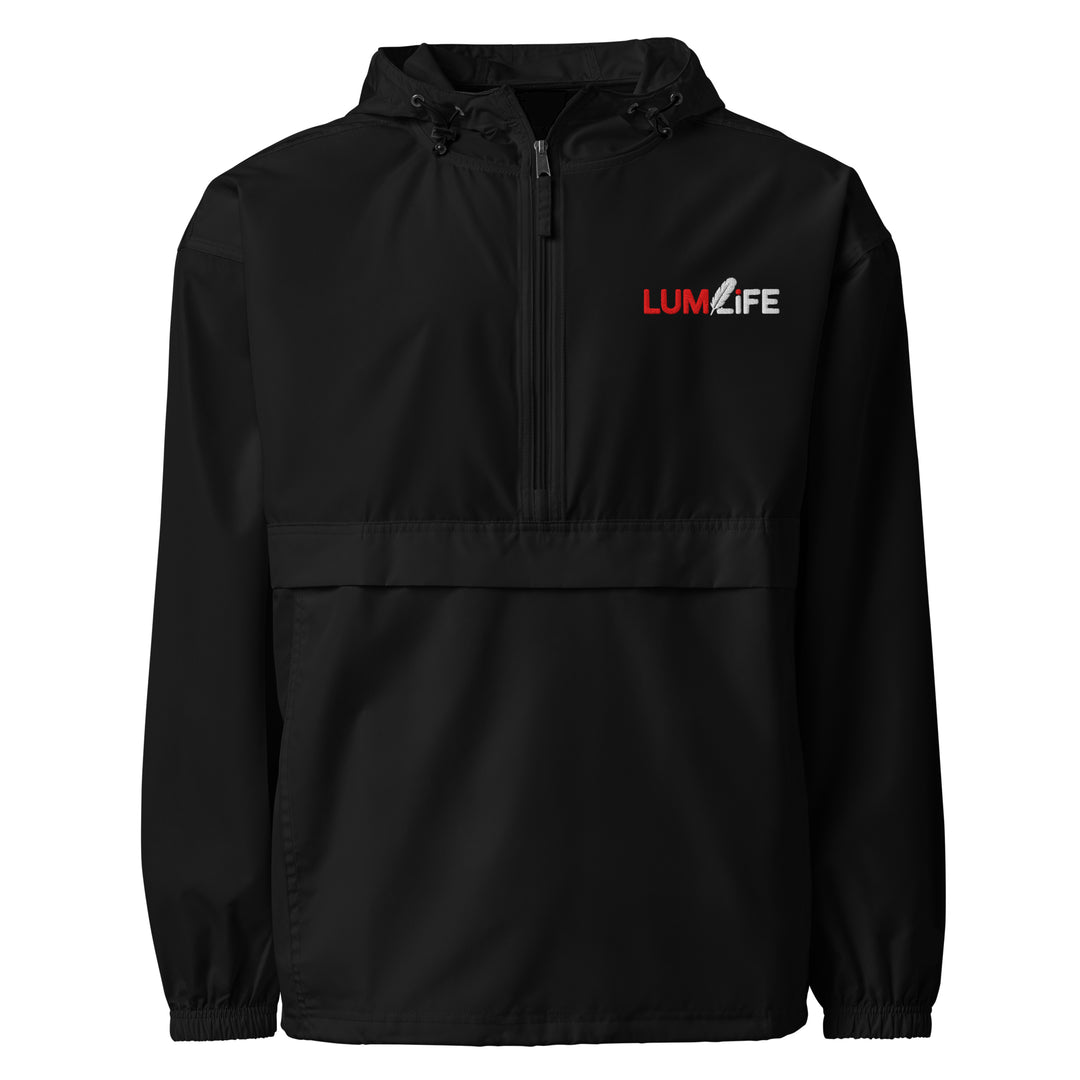 Black Printfull LUMLiFE™ embroidered packable jacket with front view, showcasing lightweight, stylish design and detailed embroidery.