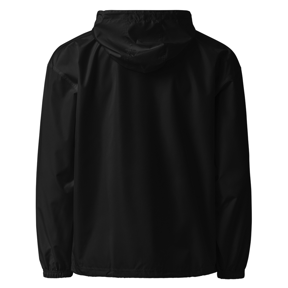 Printfull LUMLiFE™ embroidered packable jacket in black, showing detailed embroidery on the back, lightweight and foldable design.
