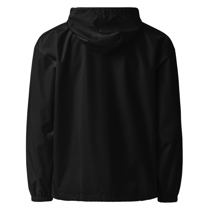Printfull LUMLiFE™ embroidered packable jacket in black, showing detailed embroidery on the back, lightweight and foldable design.