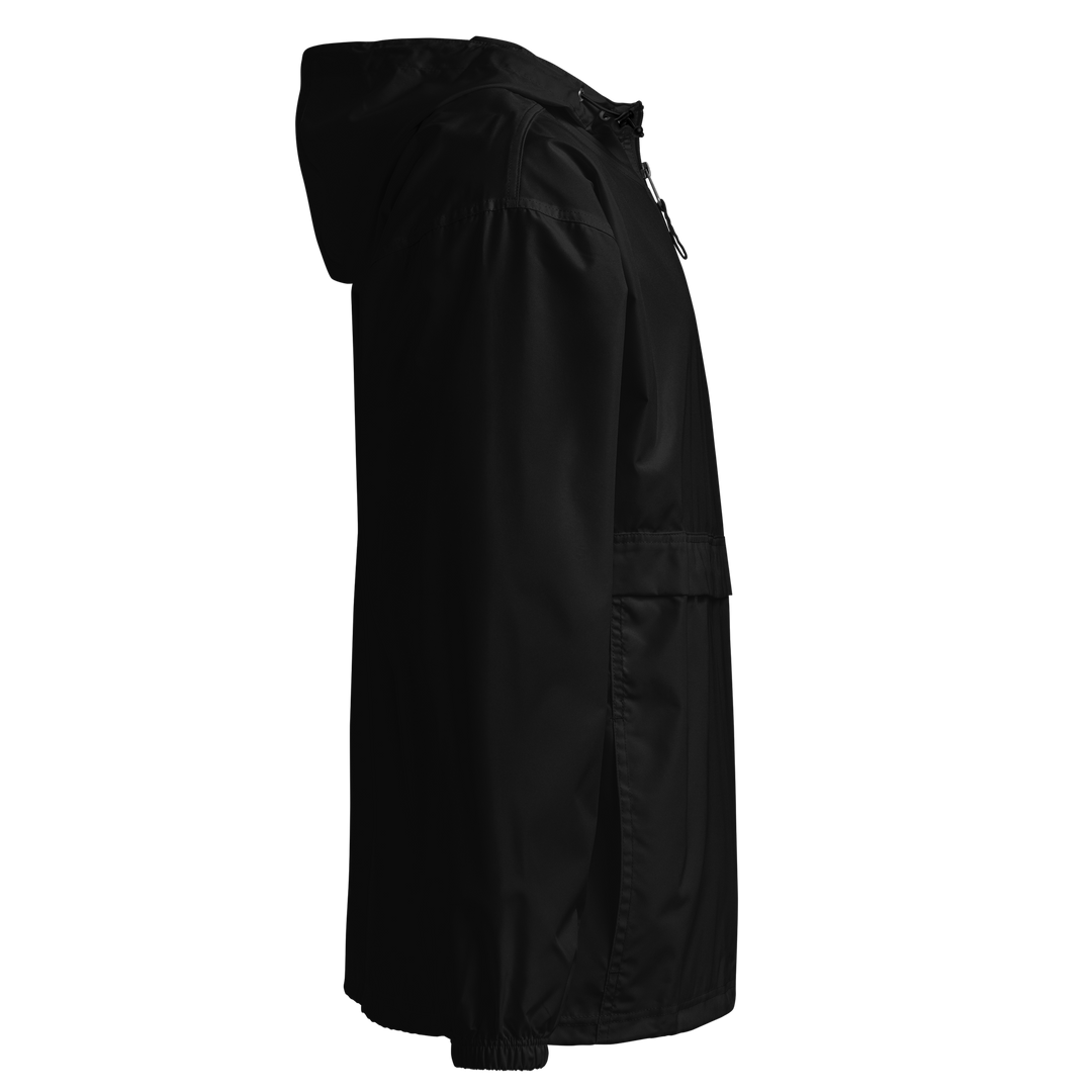 Black LUMLiFE™ embroidered packable jacket by Printfull, shown from the right side with detailed embroidery and sleek design.