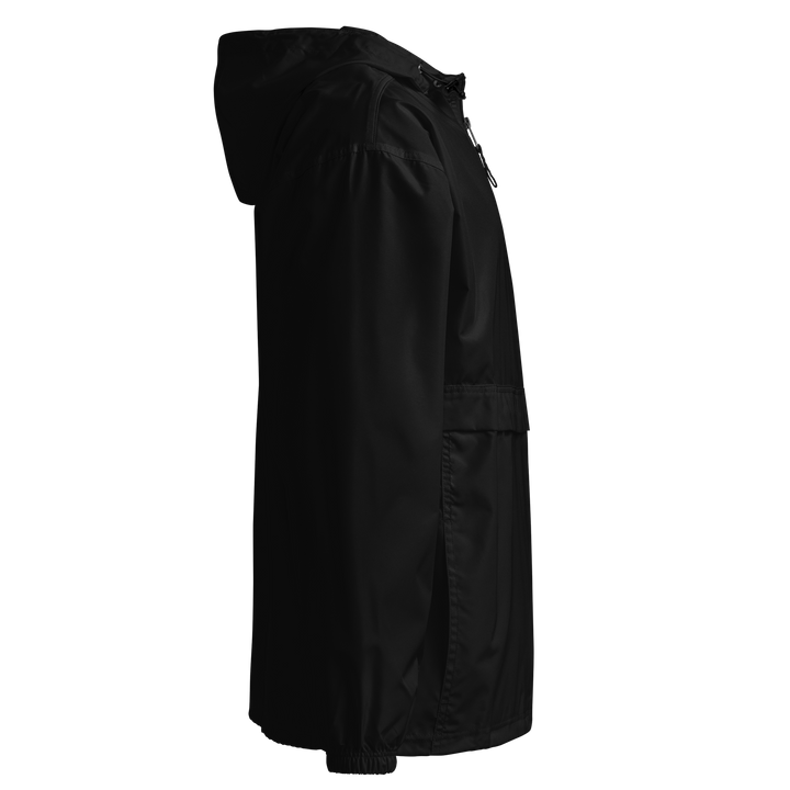 Black LUMLiFE™ embroidered packable jacket by Printfull, shown from the right side with detailed embroidery and sleek design.