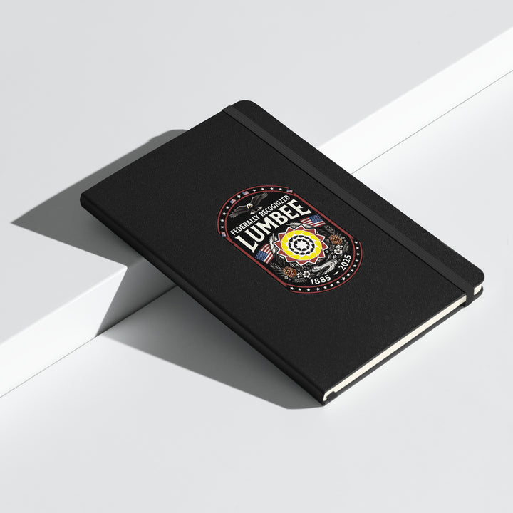 Black hardcover Lumbee recognition notebook by Printfull, featuring commemorative design, ideal for gifts or personal keepsakes.