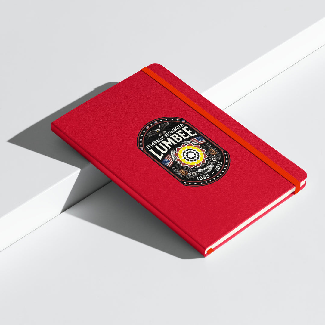 Red hardcover Lumbee recognition notebook by Printfull, featuring embossed design and durable binding, ideal for commemorative gifts.