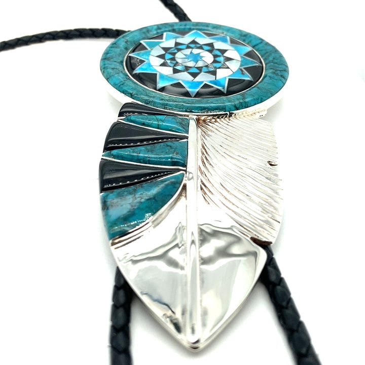 Feather Bolo Pinecone Patchwork Sterling Turquoise