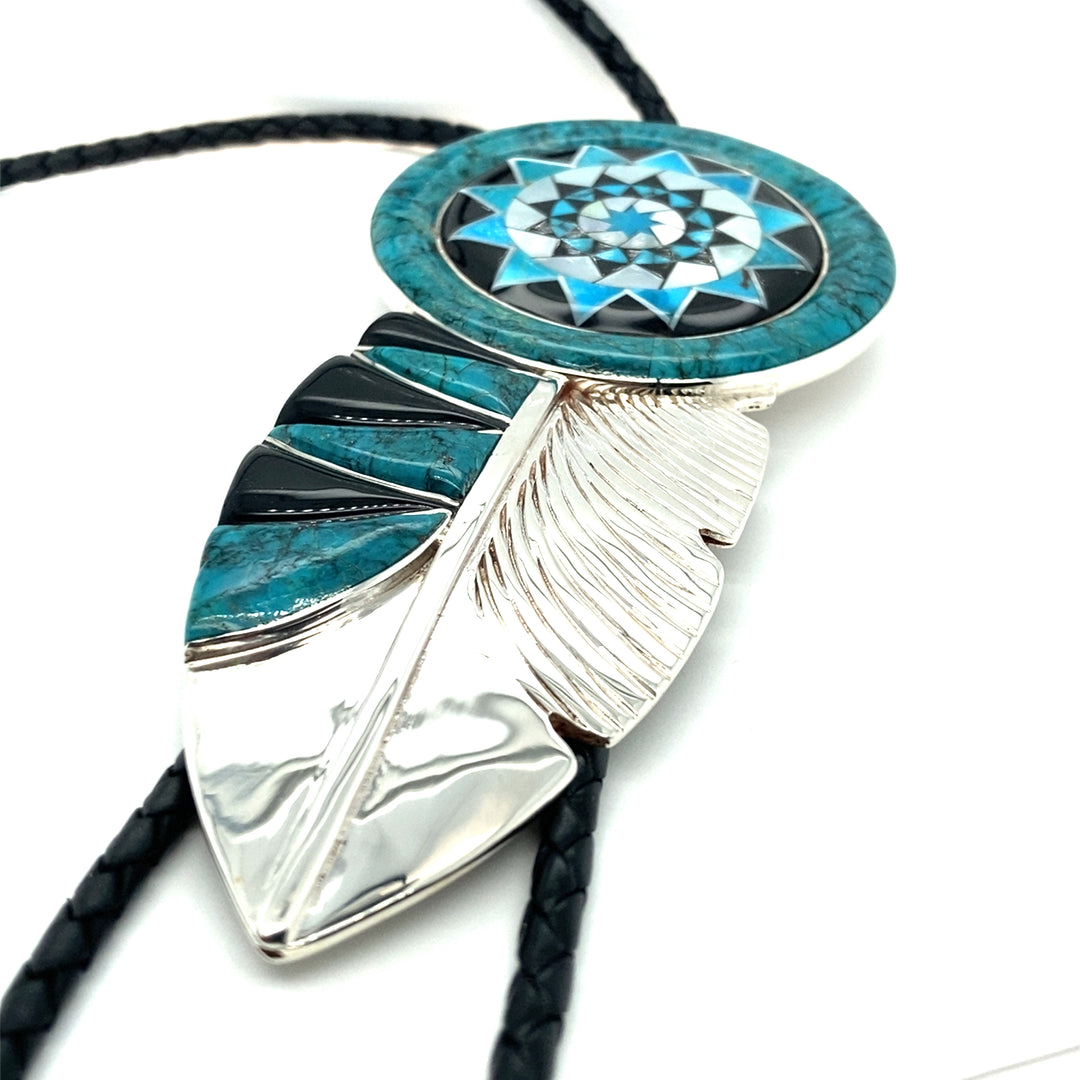 Feather Bolo Pinecone Patchwork Sterling Turquoise