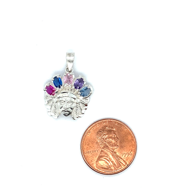 925 Small Indian Head with assorted stones pendant Sterling Silver