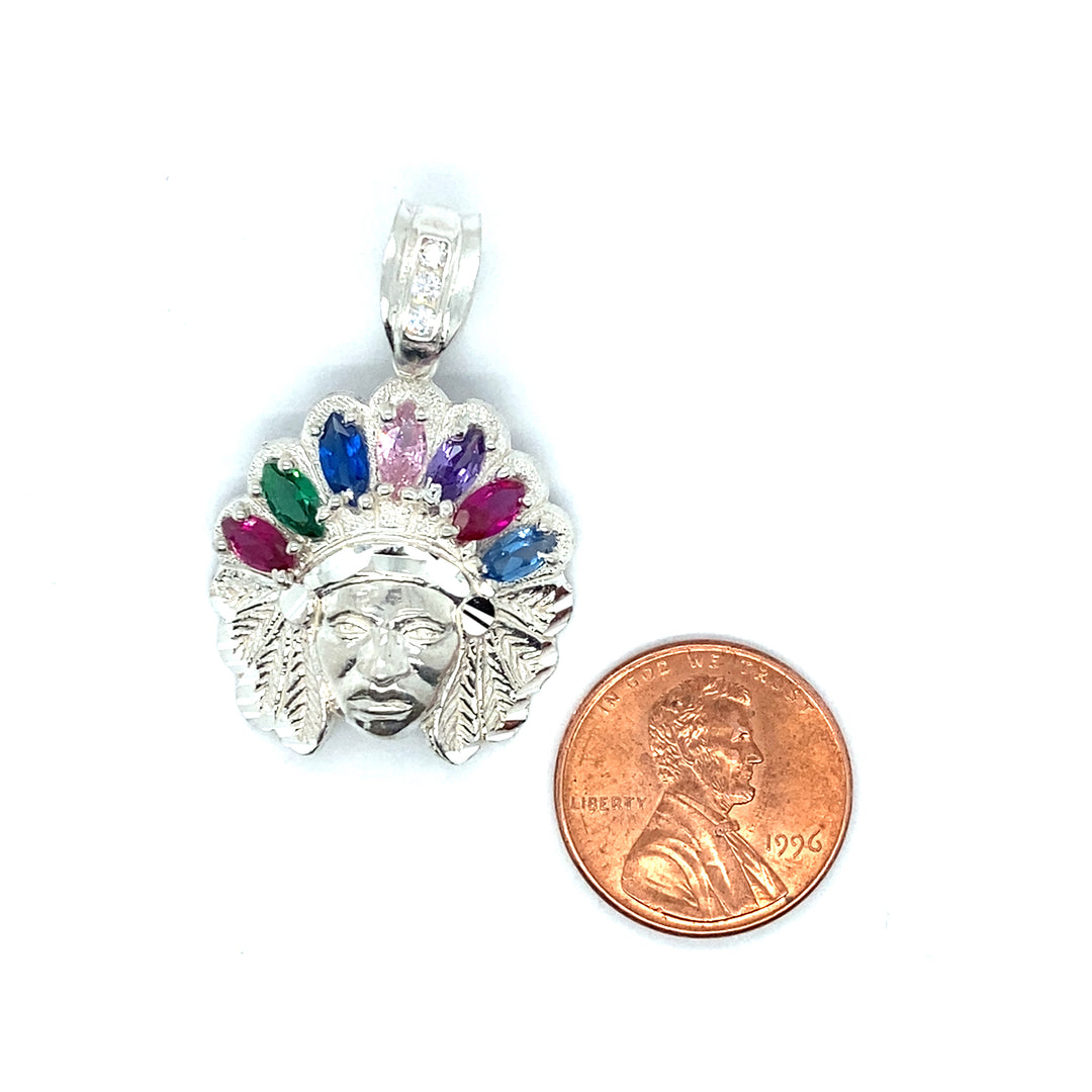 925 Medium Indian Head with assorted stones pendant Sterling Silver