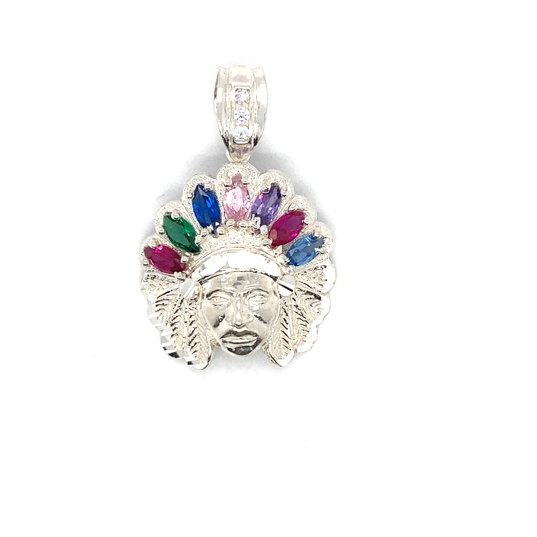 925 Medium Indian Head with assorted stones pendant Sterling Silver