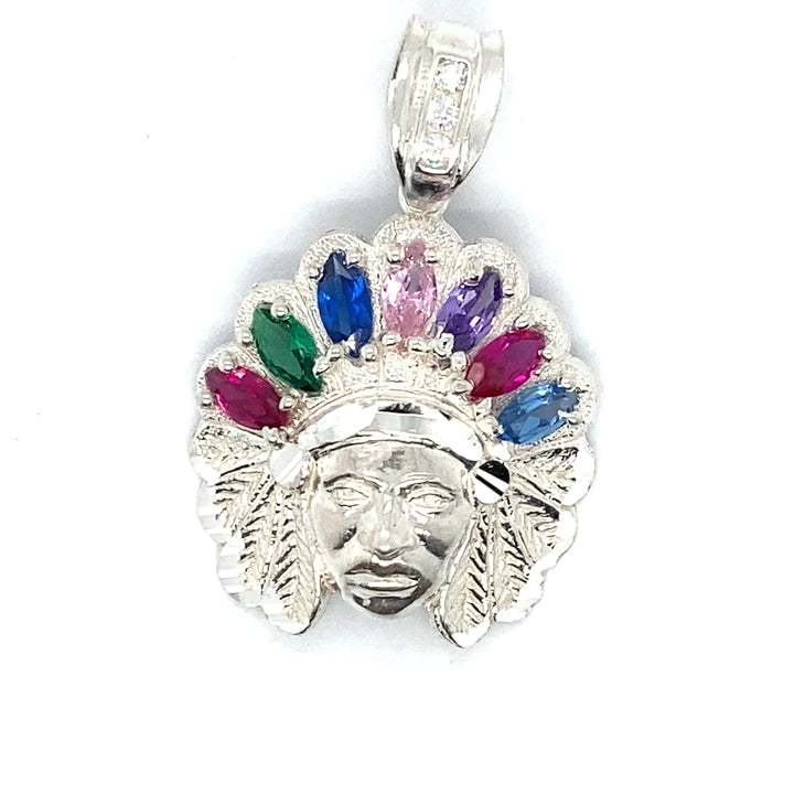 925 Medium Indian Head with assorted stones pendant Sterling Silver