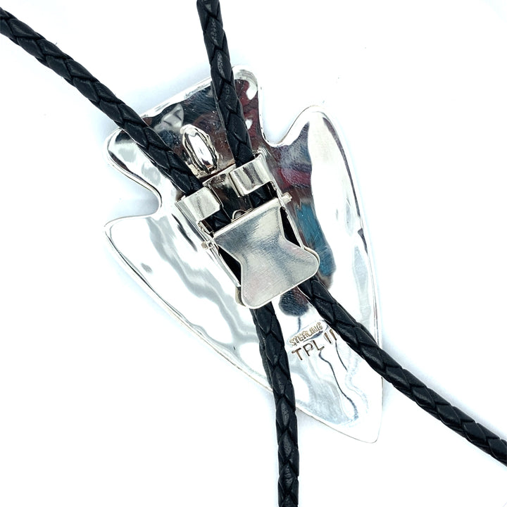 Inlay Arrow Head Bolo Pinecone Patchwork Sterling Turquoise, Mother of Pearl, Black Buffalo Horn
