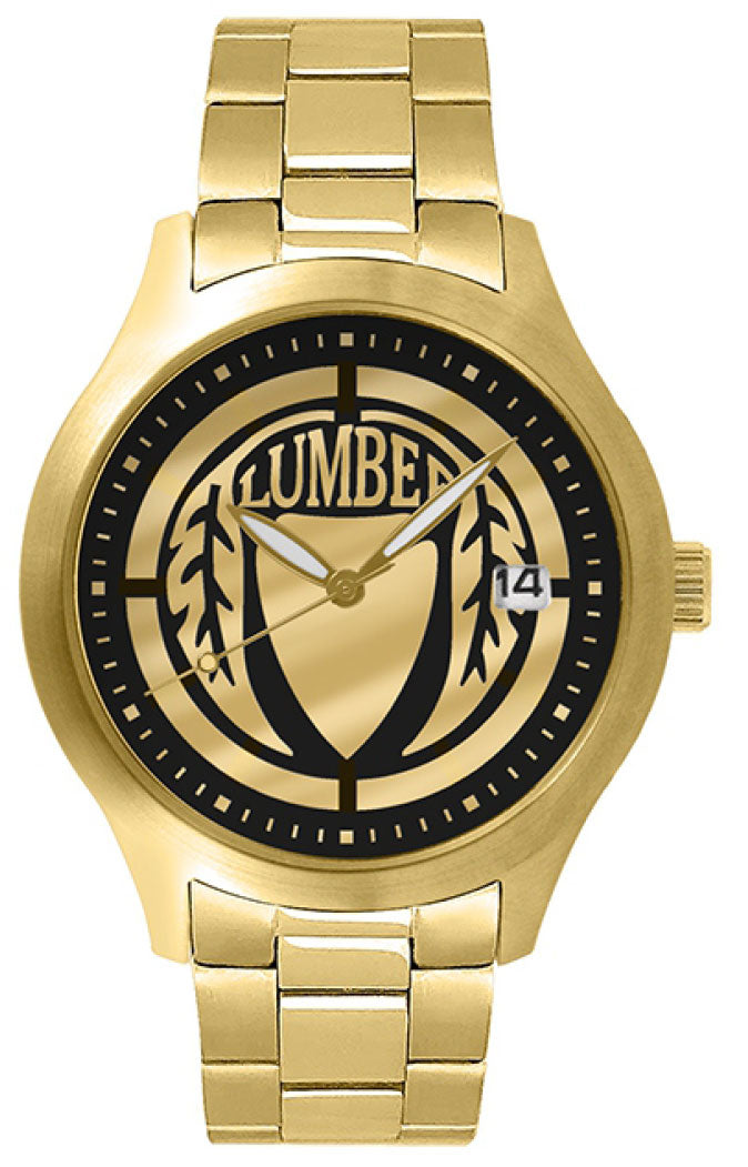 Gold-tone Lumbee Legacy men's watch by SMI with a sleek round face and stylish metal bracelet.