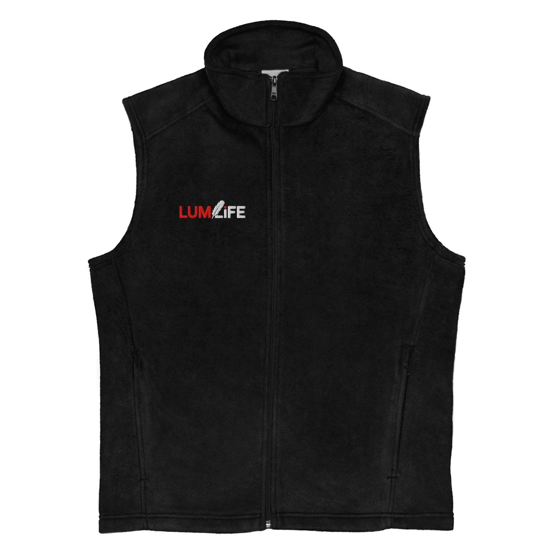 Printfull LUMLiFE men's fleece vest with embroidered design, showcasing soft fleece fabric and detailed embroidery.