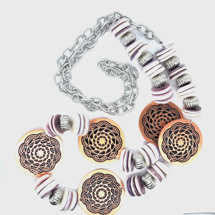 Wampum shell and Pinecone Patchwork Necklace