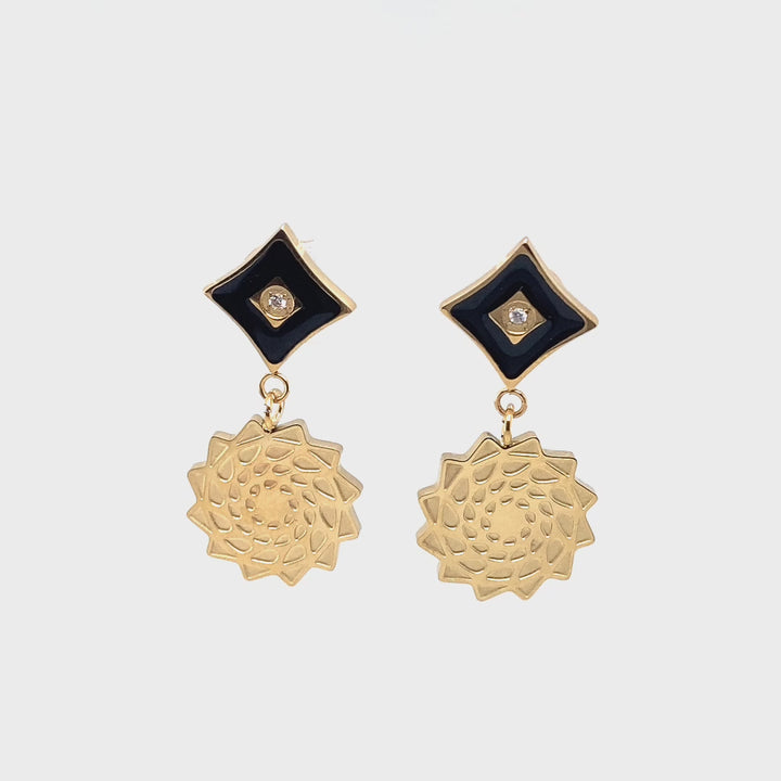 Pinecone Patchwork Black and Gold Tone Earrings