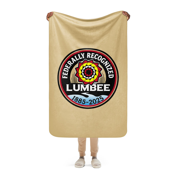 Printfull Lumbee recognition Sherpa blanket with Tan print, featuring commemorative design on soft, cozy 37x57-inch sublimated fabric.
