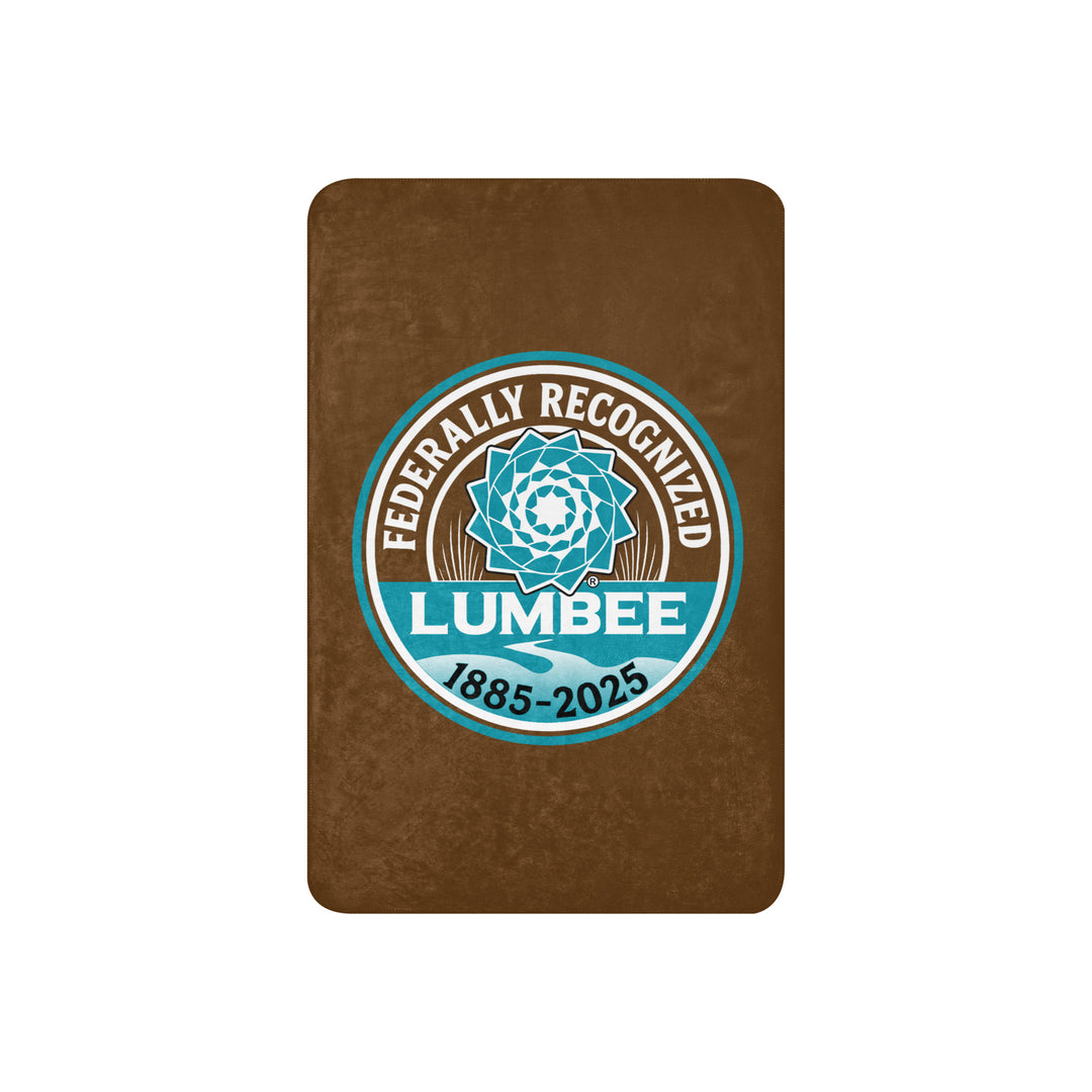 Printfull Lumbee recognition Sherpa blanket with printed design, tan color, 37x57 inches, showcasing a commemorative sublimated print.