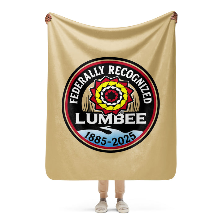 Printfull Lumbee recognition Sherpa blanket with a detailed printed design on tan plush fabric, measuring 50x60 inches.