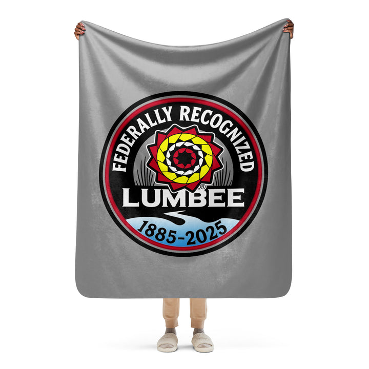 Printfull Lumbee recognition Sherpa blanket with printed design on tan-colored plush fabric, measuring 50x60 inches.