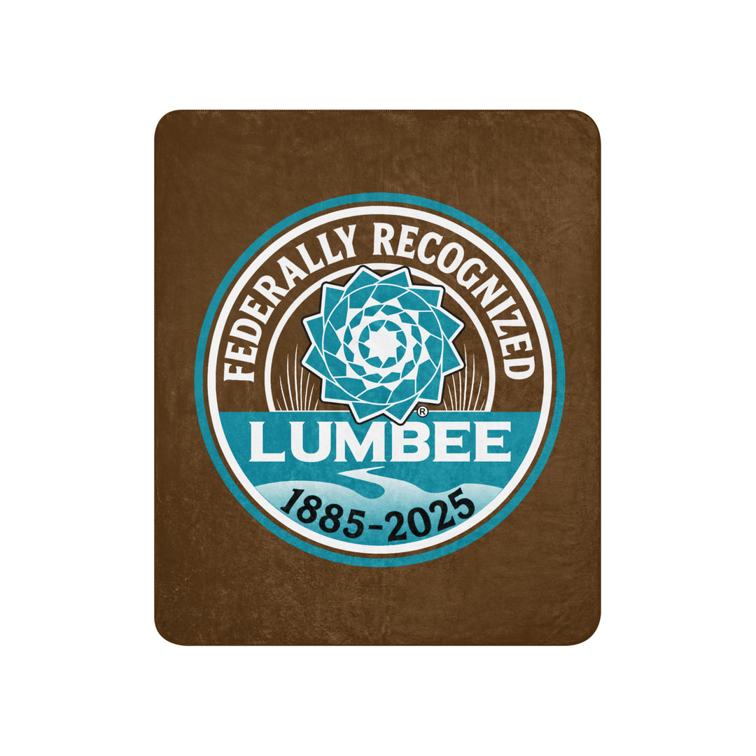 Printfull Lumbee Recognition Sherpa blanket featuring a printed design on tan plush fabric, 50x60 inches, perfect for commemorative use.