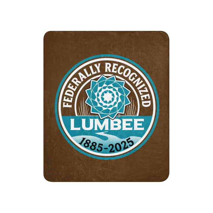 Printfull Lumbee Recognition Sherpa blanket featuring a printed design on tan plush fabric, 50x60 inches, perfect for commemorative use.
