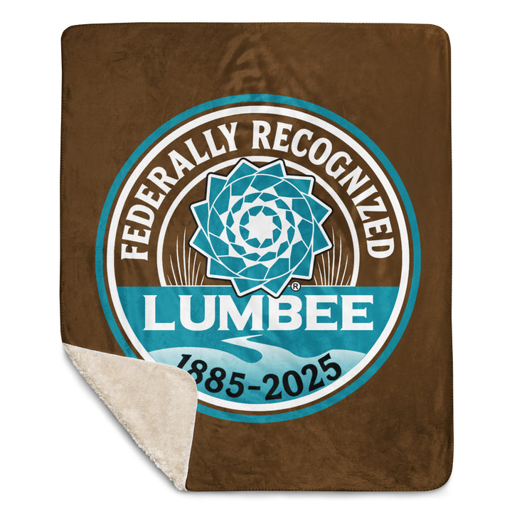 Printfull Lumbee Recognition Sherpa blanket with tan print, featuring intricate design on soft 50x60-inch sublimated sherpa fabric.