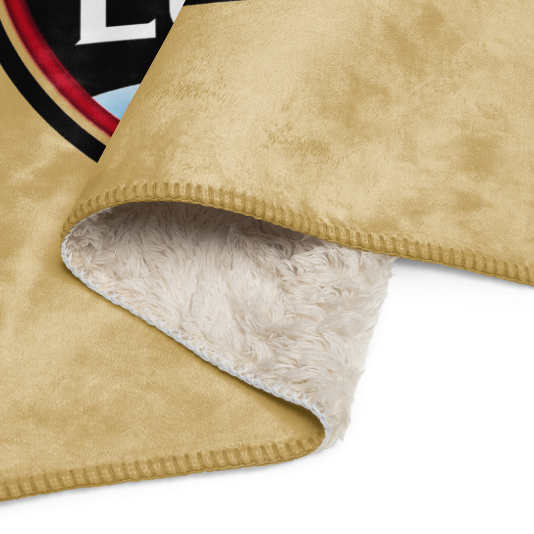 Printfull Lumbee Recognition Sherpa blanket with tan sublimated print, 50x60 inches, featuring detailed commemorative design.