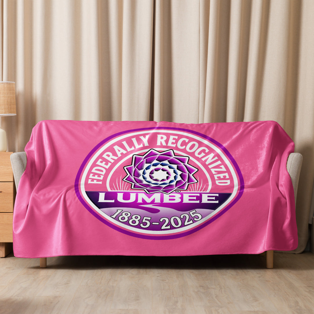 Tan Printfull Sherpa blanket featuring Lumbee recognition print, soft and cozy with a detailed sublimated design.