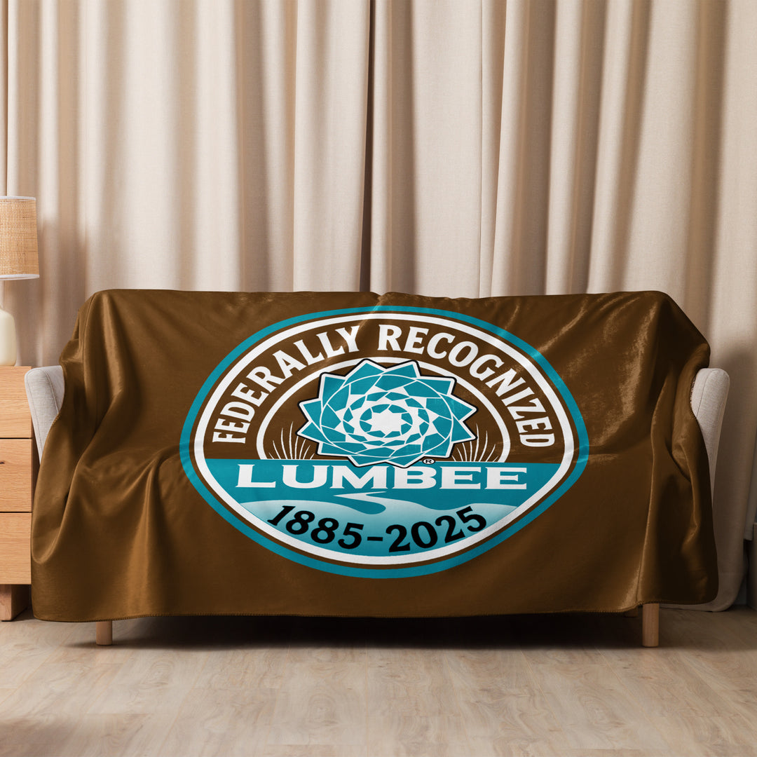 Printfull Lumbee recognition Sherpa blanket with printed design, tan color, 60x80 inches, featuring a commemorative sublimated print.