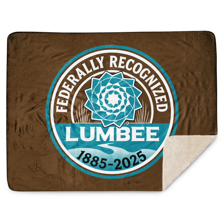 Printfull Lumbee Recognition Sherpa blanket with printed design on tan plush fabric, measuring 60x80 inches.