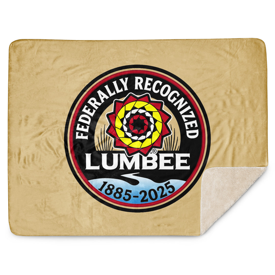 Printfull Lumbee Recognition Sherpa blanket with a commemorative print, featuring a warm tan color and soft, cozy Sherpa material.