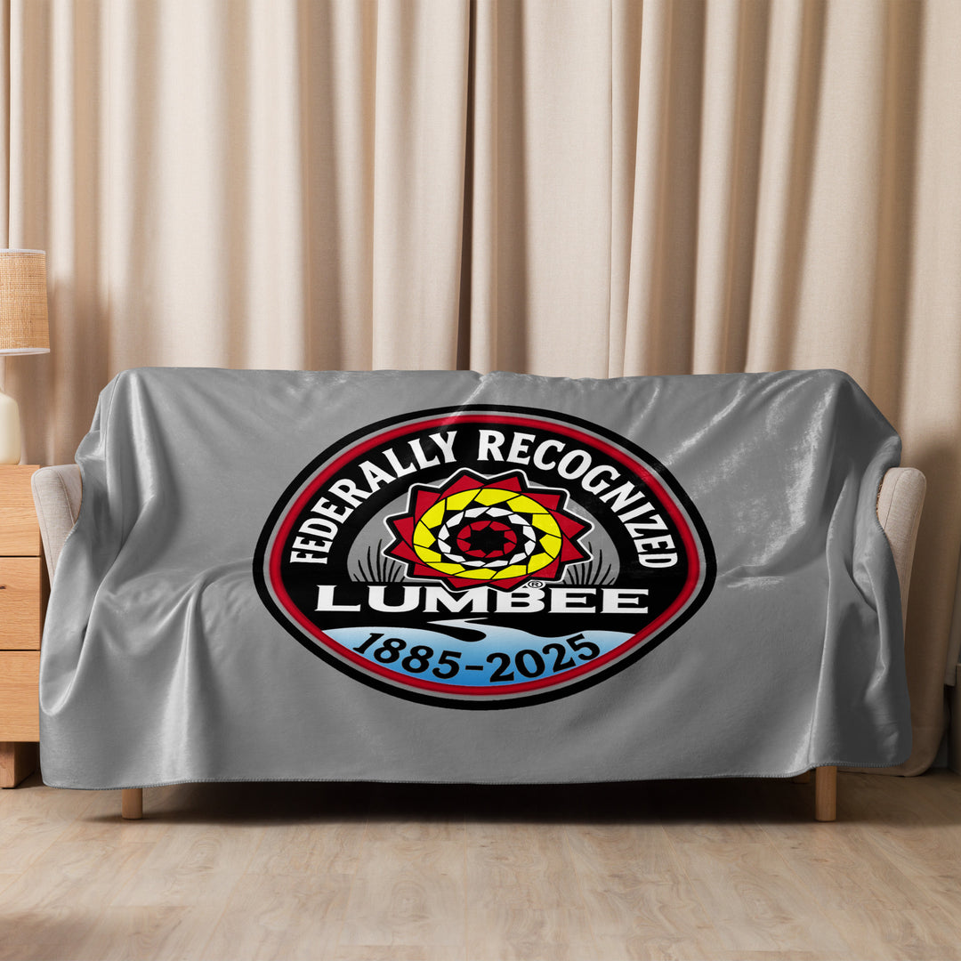 Printfull Lumbee Recognition Sherpa blanket with sublimated tan design, 60x80 inches, soft and cozy for commemorative display.