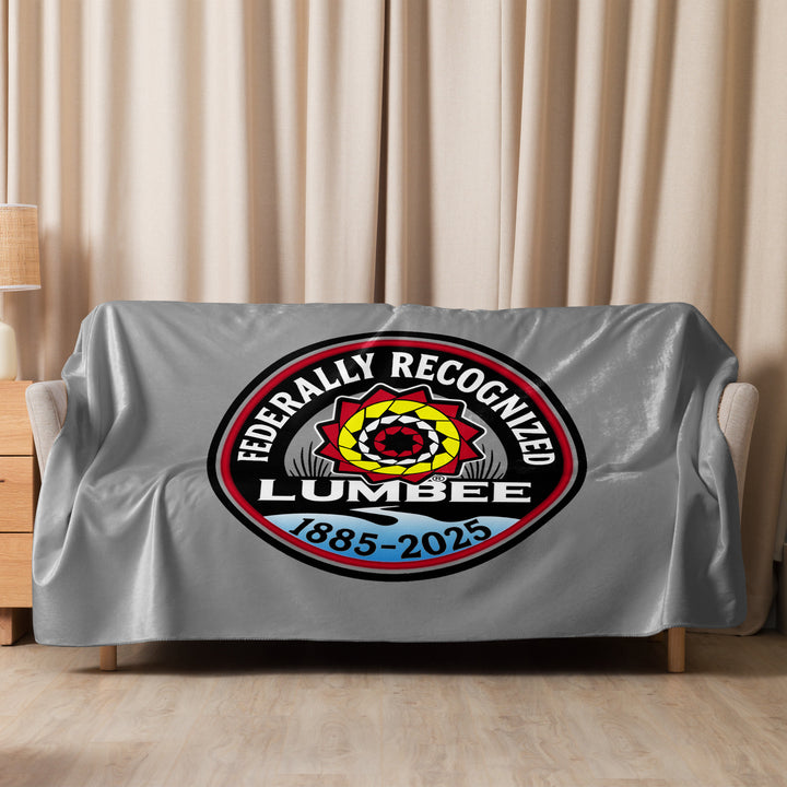 Printfull Lumbee Recognition Sherpa blanket with sublimated tan design, 60x80 inches, soft and cozy for commemorative display.