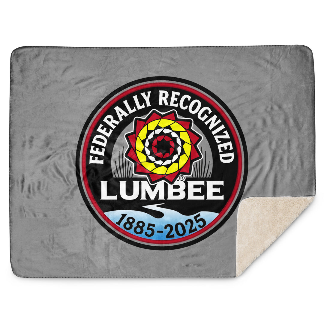Printfull Lumbee Recognition Sherpa blanket with tan background, featuring a detailed commemorative print on a cozy 60x80-inch Sherpa fabric.