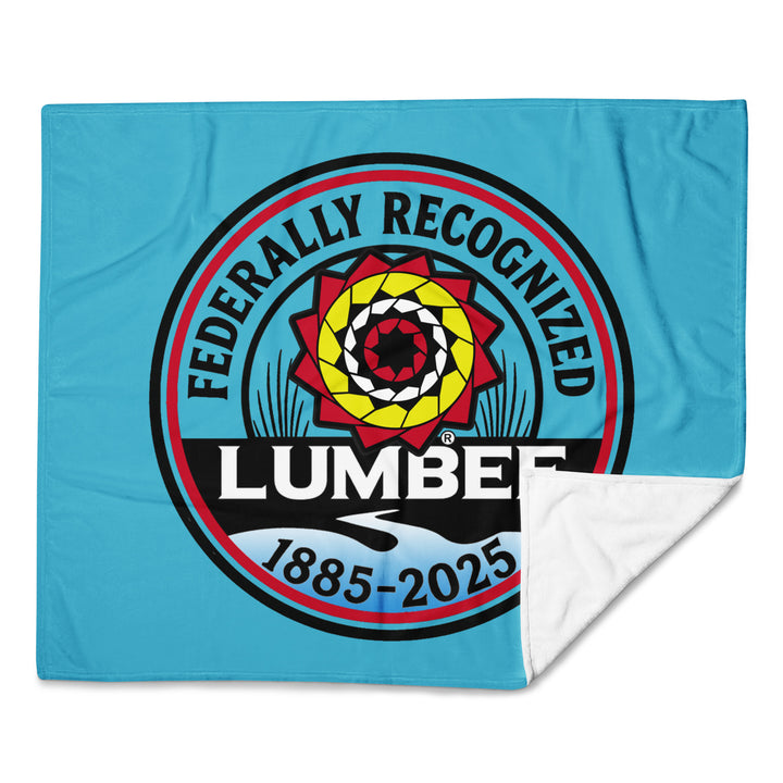 Printfull Lumbee Recognition throw blanket with intricate print design, measuring 50x60 inches, showcasing a commemorative pattern.