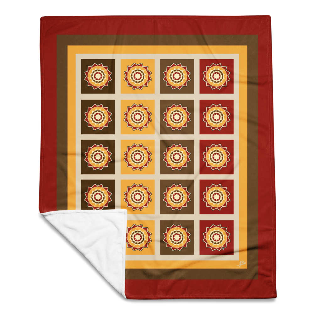 Printfull Pinecone Patchwork Throw Blanket in fall colors, 50x60 inches, showcasing a cozy, colorful patchwork design.