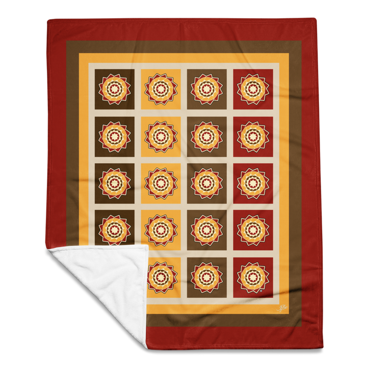 Printfull Pinecone Patchwork Throw Blanket in fall colors, 50x60 inches, showcasing a cozy, colorful patchwork design.