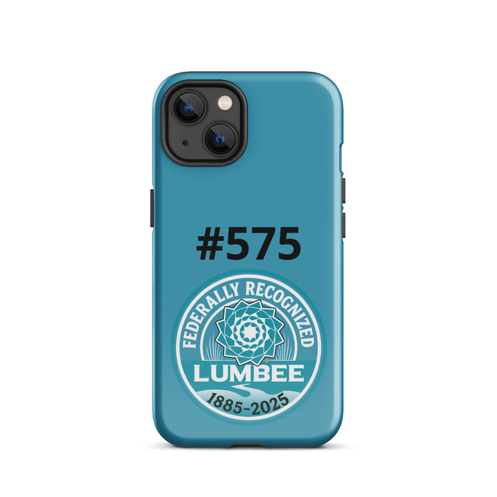 Glossy Printfull iPhone 13 tough case featuring Lumbee recognition design, offers durable protection with vibrant print.