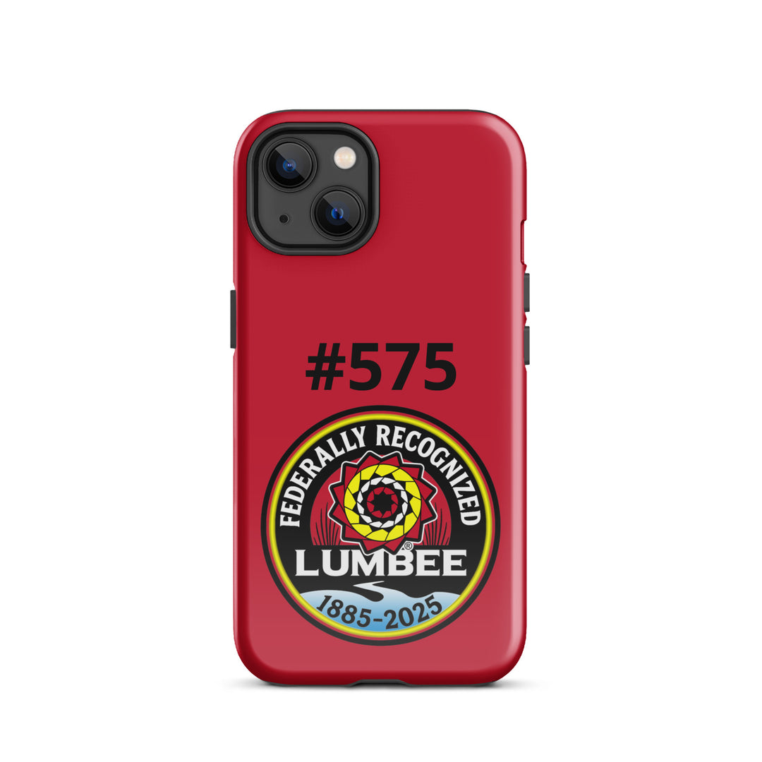 Printfull Lumbee Recognition tough iPhone case with glossy finish, designed for iPhone 13, featuring native recognition artwork.