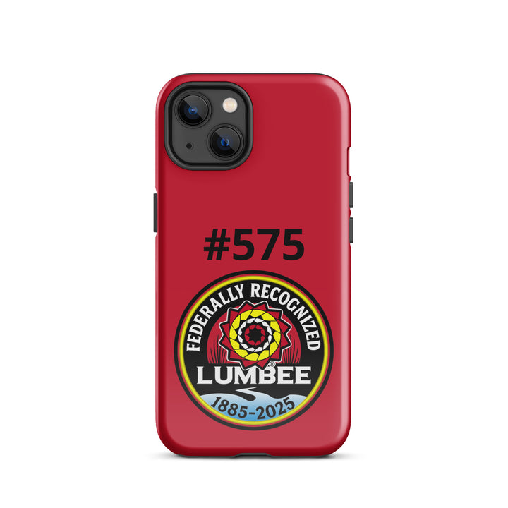 Printfull Lumbee Recognition tough iPhone case with glossy finish, designed for iPhone 13, featuring native recognition artwork.