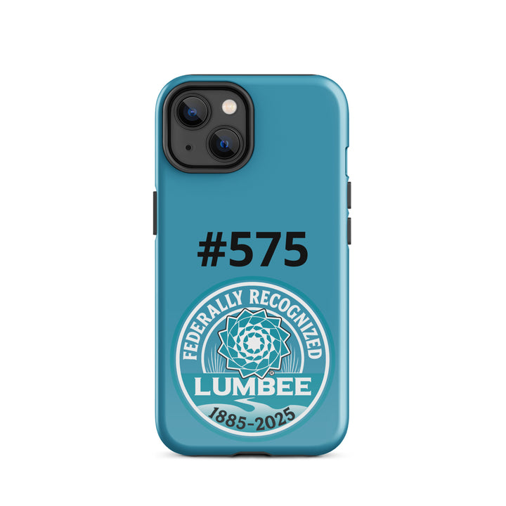 Glossy Printfull tough case for iPhone 14 featuring Lumbee recognition design, providing durable protection and vibrant artwork.