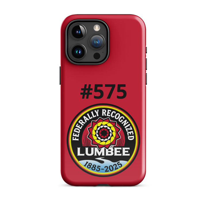 Printfull Lumbee recognition tough glossy iPhone 15 Pro Max case with printed design visible in front view.