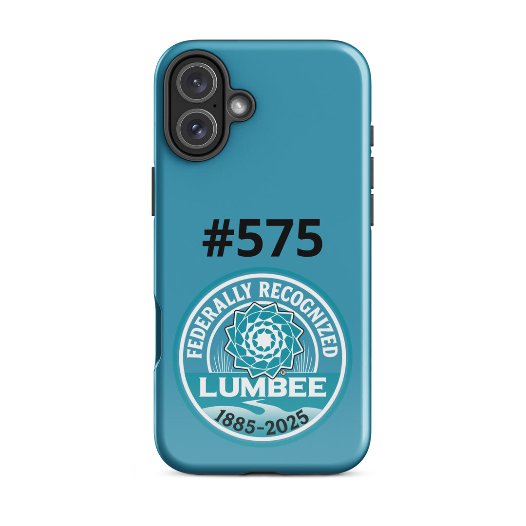 Printfull Lumbee recognition tough iPhone case with glossy finish for iPhone 16 Plus, featuring commemorative design and print details.
