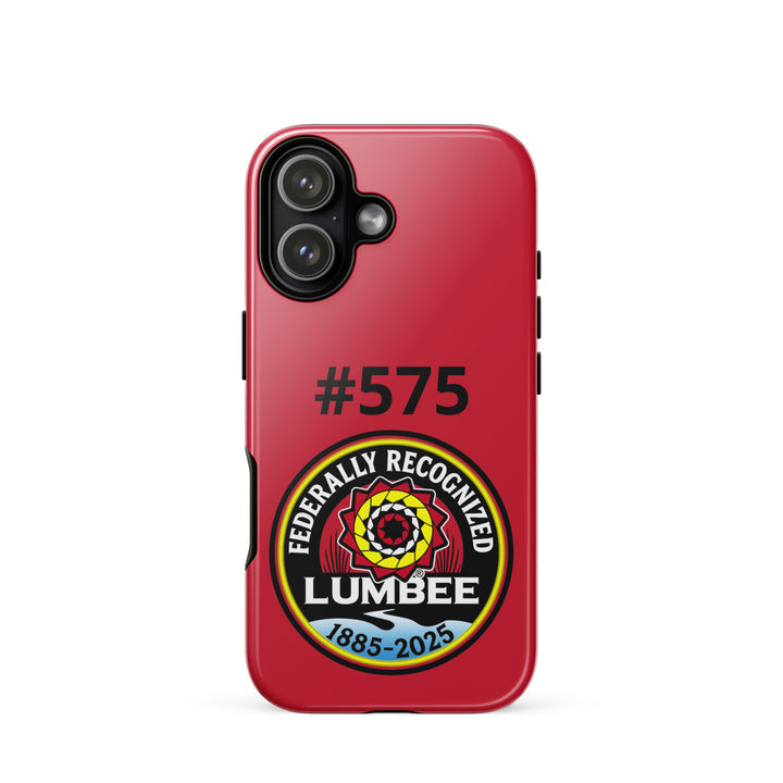 Glossy iPhone 17 tough case with Lumbee recognition print from Printfull, designed for durable protection and cultural tribute.